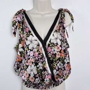 Joie Top Boho 70s Retro Floral Smocked Waist Faux Wrap Shoulder Tie Blouse Sz S